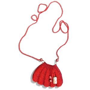 Vintage Knitted Beaded Scalloped Bag- Red Mini 1920s